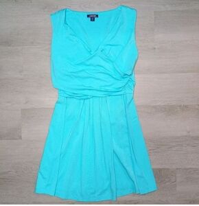 Lands End Blue Pima Cotton Sleeveless Faux Wrap Dress casual Knee Size L Petite